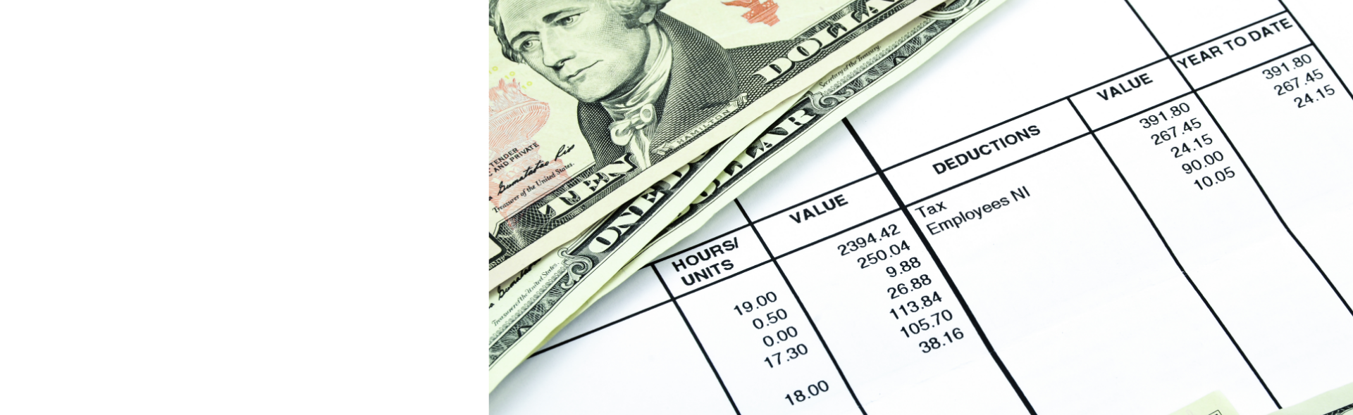 United States currency, bills, on top of paystub paper