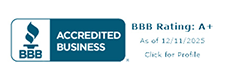 BBB Accredited Business logo with a rating of A+. Text states the rating is current as of 12/11/2025, and there is a prompt to click for profile details.